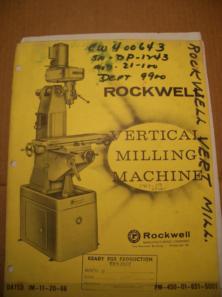 F  S Rockwell Milling Machine Owner  Parts Manual With